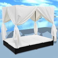 Outdoor-Loungebett mit Vorhang Poly Rattan Schwarz Garten-Chaiselongue Liegestuhl für Garten