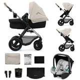 Kinderkraft MOOV2 AIR Kinderwagen 3 in 1 Kinderwagenset bis 26 kg mit Kindersitz I-SIZE 40-75 cm, Buggy Funktion, Liegeposition verstellbar, Große ausziehbare Verdeck, Aufblasbare Räder, Grau