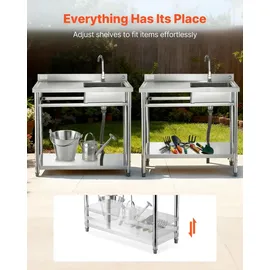 Vevor Spültisch Spülbecken Edelstahl (100 x 50 x 94 cm), Einzelbecken mit Wasserhahn & Ablage, Küchenspüle für Garage Restaurant Wäscherei, Waschtisch Außenspüle mit Arbeitsplatte (links)