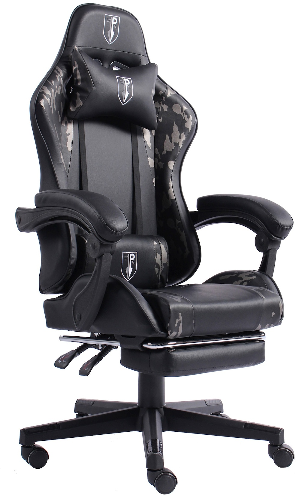 Gaming Chair im Racing-Design mit flexiblen gepolsterten Armlehnen - ergonomischer PC Gaming Stuhl in Lederoptik - Gaming Schreibtischstuhl mit ausziehbarer Fußstütze und extra Stützkissen