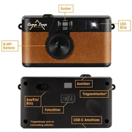 camp snap CS-V105 – Retro Digitalkamera im Vintage-Look, mit Vintage-Fotoeffekten, ohne Display, 8MP, USB-C, SD-Slot, braun