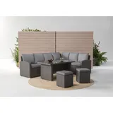 Konifera Gartenlounge-Set London, (Set, 17-tlg., 2x3er Sofa, 2x Hocker, 1x Tisch 140x80x66cm, inkl. Auflagen), inkl. Schutzhülle, Aluminium, Polyrattan grau