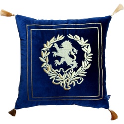 Casa Padrino Luxus Deko Kissen Wappen Dunkelblau / Gold mit goldenen Troddeln 45 x 45 cm - Feinster Samtstoff - Luxus Wohndeko