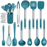 Herogo Silikon Küchenhelfer Set, 22-teiliges Kochutensilien Kochbesteck Set with Utensilienhalter, Hitzebeständiger Küchenutensilien mit Edelstahlgriff, Antihaft & Gesund, Blau