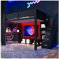 HAUSS SPOLE Hochbett 140x200 mit Schreibtisch,Jugendbett Bettgestell mit LED&Lowboard (mit LED-Beleuchtung, Schreibtisch & Stauraumtreppe, Schwarz, 1-St., 278.5 x 145 x 170)