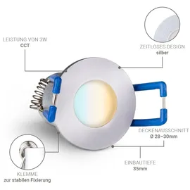Longlife LED Einbaustrahler Mini 3W CCT 2700K-6500K IP65 - Farbe: silber - Anzahl: 4x