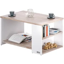 CASARIA Casaria® Couchtisch Holz Weiß Eiche mit Stauraum 2 Fächer 90x60x50cm Kratzfest 50kg Belastbar Ablage Beistelltisch Sofa Couch