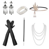 MIVAIUN 6 Stück 20er Jahre Accessoires Damen Flapper Gatsby Kostüm Set mit Stirnband Ohrringen Halskette Schwarze Handschuhen Handheld-Requisiten, 1920er Accessoires Damen, Einheitsgröße (Set C)