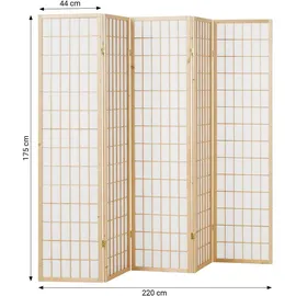 Homestyle4u Paravent Raumteiler 5 teilig Holz Natur Reispapier Weiß Höhe 175 cm | Gr.: onesize