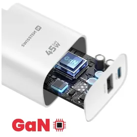 Swissten Edge GaN 1x USB-C PD 45W + 1x USB-A 18W QC Weiß