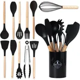 MODFU Kochbesteck-Set 12er Küchenhelfer Set Kochgeschirr Küchenutensilien Küchengerät Küchen (mit Hitzebeständigem Holzgriff und Aufhängeschlaufe, 12-tlg., Kochbesteck, Küchen Utensil Set, Silikon und Holz, Kochutensilien), BPA-frei für Kochen Braten Schöpfen Mischen und Backen usw schwarz