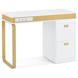 Barberpub Schreibtisch mit Schubladen für Nagelstudio, Manikürtisch mit 3 Steckdosen, Schminktisch ohne Spiegel Weiß-gold, Nageltisch aus Holz Metallgestell, Nagelfrisiertisch, 50x110x80,5cm, 2484 - Weiß