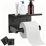 Toilettenpapierhalter Ohne Bohren oder Bohren, Klopapierhalter Edelstahl mit 2 Haken, WC Papier Halterung Selbstklebend mit Telefon Ablage, Wandhalterung Klorollenhalter für Küche, Badzimmer(Schwarz)