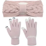 FOSDICK Winter Stirnband Damen Gestrickt Stirnbänder, Haarband Ohrenwärmer Elastische, Frauen Haarreifen Haarbänder Häkelarbeit mit Handschuhe Damen für Sport Skifahren Herbst und Winter, Rosa