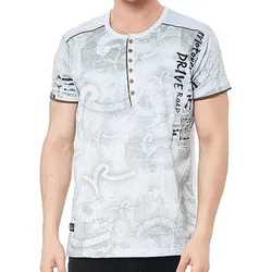 Herren T-Shirt mit Urban-Print Baumwoll-Oberteil Sommer-Rundhals-Shirt mit Knopfleiste R-15246 Hellgrau - 