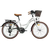 meyako Luchs Feline 24-Zoll Citybike – 7-Gang Shimano Fahrrad mit Rattankorb, Beleuchtung ideal ab 135 cm Körpergröße Kinderfahrrad Hollandrad Bike i... - Weiß