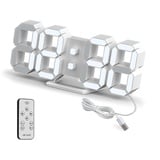 Deeyaple LED Wanduhr Digital Wecker 3D Uhr Dimmbar Snooze Modern USB 12/24Stunden Datum Temperaturanzeige Loop Display Fernbedienung Nachtlicht Wohnzimmer Küche Schlafzimmer Büro 25cm weiß