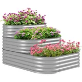 Outsunny Hochbeet aus Metall, 3-stufiger Pflanzkasten, DIY Blumenkasten, Kräuterbeet mit Sicherheitskanten, Gemüsebeet für Garten, Balkon, Silber, 158 x 109 x 82 cm