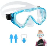HIKOTEY Taucherbrille Kinder 4-16 Jahre, Schwimmbrille mit Nasenabdeckung,Schnorchelmaske für 180° Panorama HD Silikonband, Anti Nebel Anti-Leck Schnorchelset für Mädchen Jungen (Hellblau)