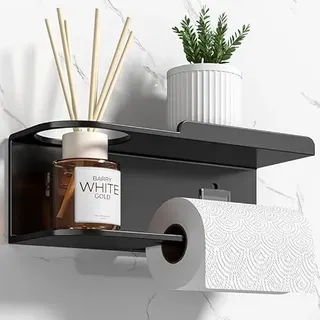 Toilettenpapierhalter Ohne Bohren Selbstklebend Klopapierhalter mit Ablage, Edelstahl Klorollenhalter Wandmontage, klopapierhalter ohne Bohren mit Kleber für Badzimmer (Schwarz)