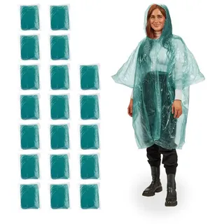 Relaxdays Regenponcho, 20er Set, Einweg Regencape mit Kapuze, Wandern, Festival, Notfallponcho für Damen & Herren, grün,
