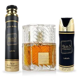 Lattafa Khamrah Eau de Parfum 100 ml + Perfumed Spray 200 ml + Lufterfrischer 300 ml Geschenkset