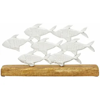 Spetebo Tierfigur Metall Aufsteller Fischschwarm auf Mango Standfuß (Stück, 1 St., moderner Deko Aufsteller in maritimen Design), Deko Fische auf Mango Holz Sockel weiß
