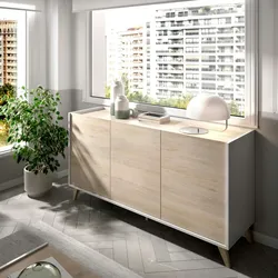 Dmora Sideboard Avez, Buffet für Wohnzimmer, Modernes Sideboard für Wohnzimmer mit 3 Türen, 155x43h75 cm, Eiche und Weiß