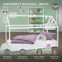 Kinderbett+Matratze Hausbett Bettgestell Holzbett Bett Lattenrost Weiß 90x200 cm