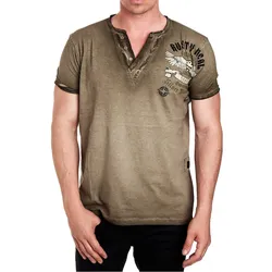 Herren Shirt im Vintage-Stil Commander Print Kurzarm-Shirt Rundhals Baumwoll-Shirt R-15046 Khaki - M