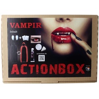 Actionbox Halloween Premium Vampir Kostüm XS:schwarzrotem Kapuzenwendecape Vampirzähne Roten Kontaktlinsen ohne Sehstärke Aqua Make up+Schminkschwamm+Kunstblut Fasnacht Cosplay Mottoparty Unisex