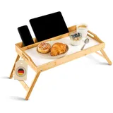 Blumtal Betttablett aus Bambus mit Holzstrebe für Tablets/Handys - Frühstückstablett fürs Bett - Betttisch klappbar 50 x 30 x 6 cm - Laptoptisch für Couch - stabiles Sofa Tablett Weiß