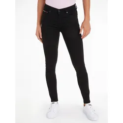 Skinny-fit-Jeans TOMMY JEANS "Nora Mid Rise Skinny Fit", Damen, Gr. 28, Länge 28, schwarz (staten schwarz), Denim/Jeans, Obermaterial: 90% Baumwolle, 8% Elastomultiester, 2% Elasthan, unifarben, casual, skinny fit, Jeans, mit Tommy Jeans Logo-Badge & Stickereien