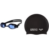 ARENA Unisex Training Freizeit Schwimmbrille Zoom X-Fit, Black-Blue-Black (57), One Size & Unisex Badekappe Classic Silikon, Black-Silver (55), One Size