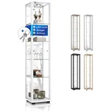 K-Möbel Sammlervitrine (176x37x33cm) - Made in Germany - Vitrinenschrank Weiss mit 4 höhenverstellbaren Glasböden, Spiegel, Schloss & LED - Glasvitrine Stehend - Display Cabinet