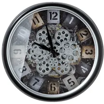 Gilde Casablanca modernes Design Markenname Wanduhr 'Steam' Schwarz/Silber/Champagner mit Beweglichen Zahnrädern, 4X AA Batterien