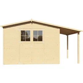 Konifera Gartenhaus KONIFERA "Alto 4 PLUS Fineline Satteldach", beige (naturbelassen), ohne Fußboden, ohne Rück- und Seitenwand, Holzwerkstoff, Gartenhäuser, mit Anbaudach