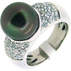 Gooix, Ring, Ring mit Zirkonia und Muschelkernperle dunkel, (58, 925 Silber)