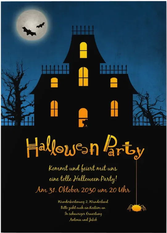 Halloween Einladungskarten selbst gestalten - Halloween - Gruselhaus - Türkis | Wunderkarten.de