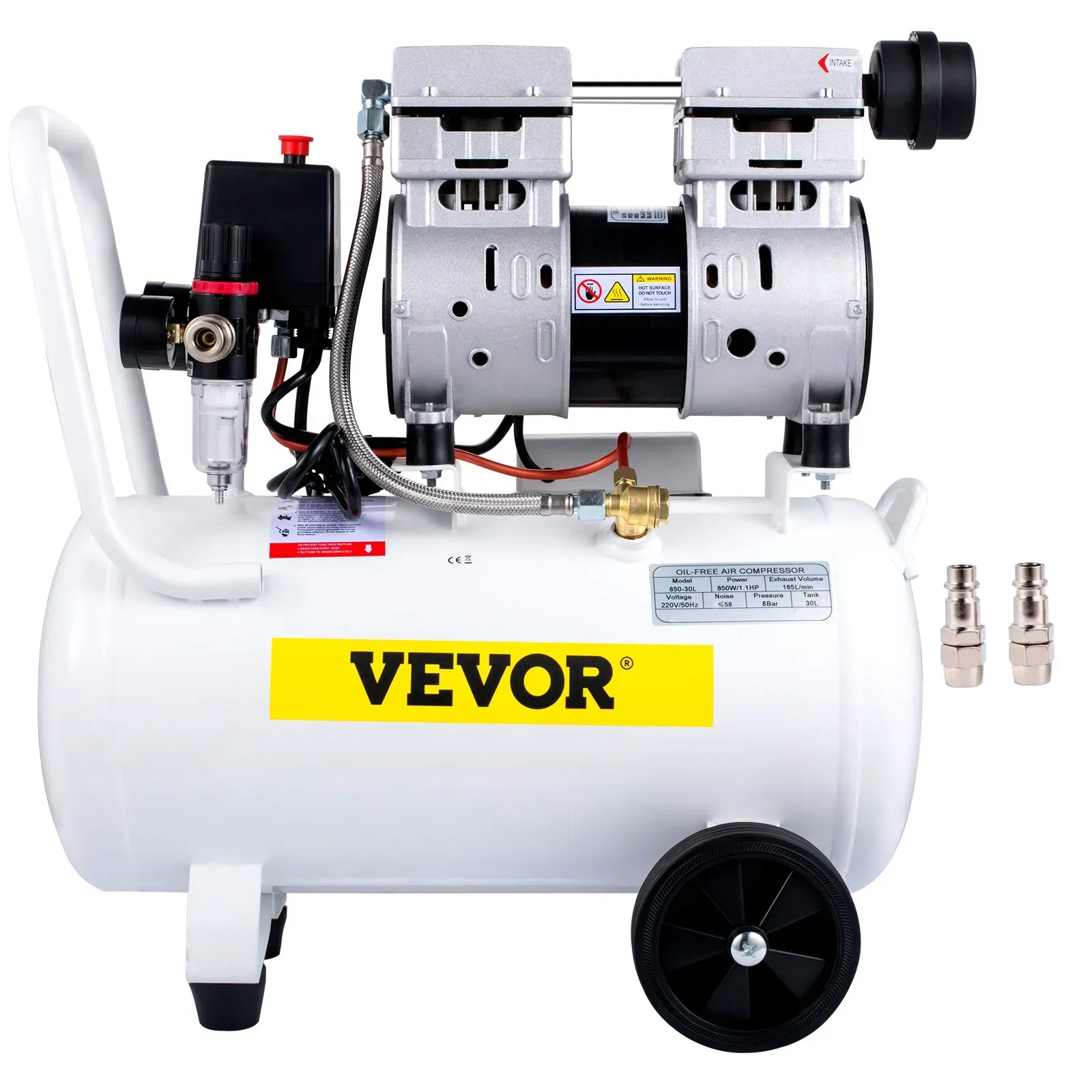 VEVOR Silent Flüsterkompressor 30L Druckluftkompressor 1,1PS/850W Leise Ölfrei Kompressor 115PSI CFM5,9 Flüster-Lautstärke ≤ 58dB Luftkompressor 1440U/min Weiß Ideal für Werkstatt Reifen Fahrrad