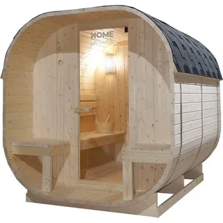 Home Deluxe - Outdoor Sauna CUBE DELUXE - L - Maße: ca. 220 cm x 185 cm x 194 cm, Holz: Fichtenholz - inkl. Saunaofen und Saunazubehör I Gartensauna, Außensauna, Sauna Fass für 4 Personen - Braun