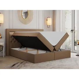 MKS Meble Boxspringbett 140x200 mit Led, Polsterbett 140x200 mit LED Kopfteil - Multipocket-Matratze H3 - Doppelbett mit Bettkasten Stauraumbett, GOLD-6 - 14... - Braun