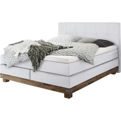 Boxspringbett HASENA "Boston", weiß (weiß, akazie braun), B:148cm L:210cm, Komplettbetten, Boxspringbett, Massivholz-Sockel, Punktsteppung im Kopfteil, Federkernmatratze