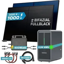 sunniva Balkonkraftwerk Full Black Bifazial 1000 W inkl. 2,24 kWh Speicher + 2 x 500 W N-Typ Glas-Glas Bifacial Module