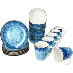 Marina 18tlg Frühstücksset Porzellan 6 Pers kleine Teller Schale Becher blau