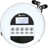 KLIM Nomad - NEU 2024 - Tragbarer CD-Player Discman mit langlebigem Akku - Inklusive Kopfhörer - Kompatibel mit CD-R, CD-RW, MP3 - Mit TF-Reader, Radio FM, Bluetooth - Ideal für Autos - Weiß