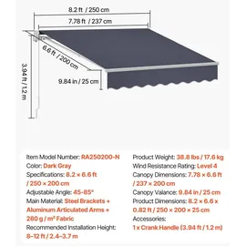 Vevor Gelenkarmmarkise 2,5 x 2 m grau