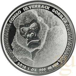 1 Unze Silbermünze Afrika Kongo Silberrücken Gorilla 2018