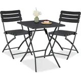 Relaxdays Balkonmöbel Set, 3-teilig, 1 Tisch & 2 Stühle, klappbar, Gartengarnitur Holzoptik, Stahl & Kunststoff, schwarz