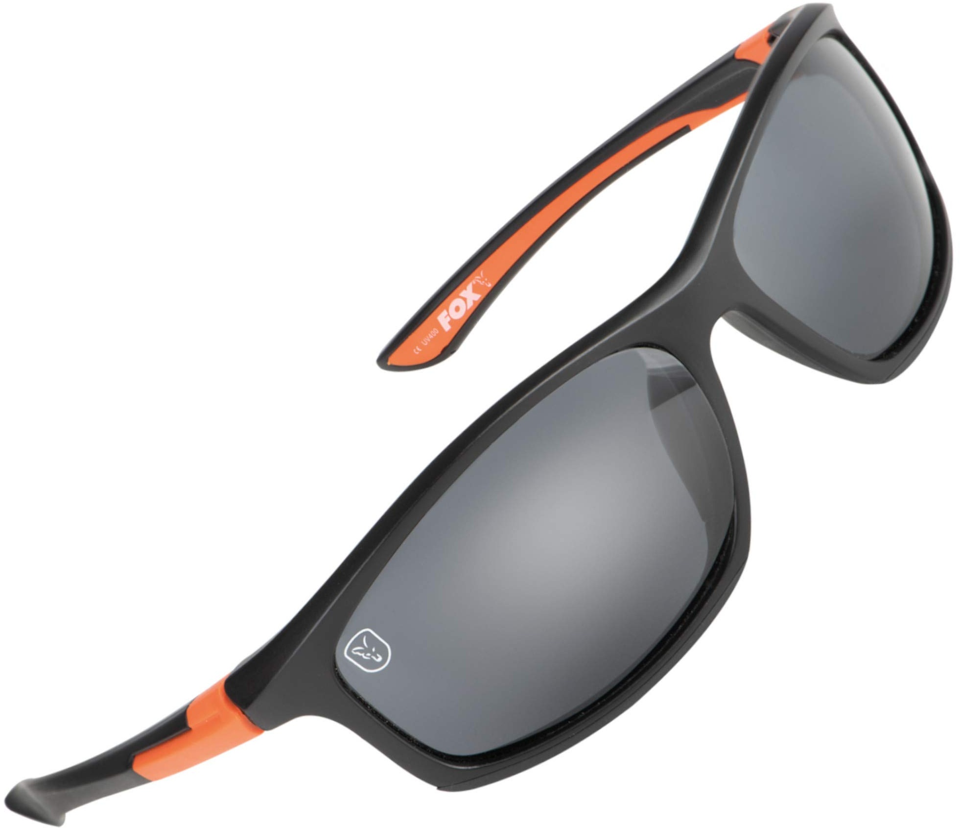 Fox Sunglasses - Polarisationsbrille, Modell:schwarz/orangener Rahmen/graue Gläser
